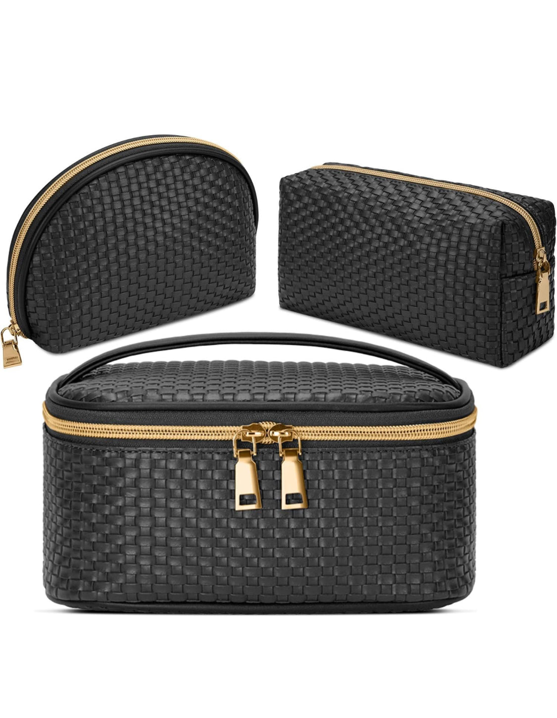 deluxe travel makeup bag Women's 3-Piece Cosmetic Bag Set, Large, Waterproof Travel Toiletry Bag Polyurethane, Black