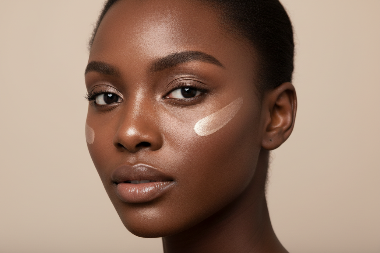 give me a beauty image for a cream highlighter  of a black woman not holding anything