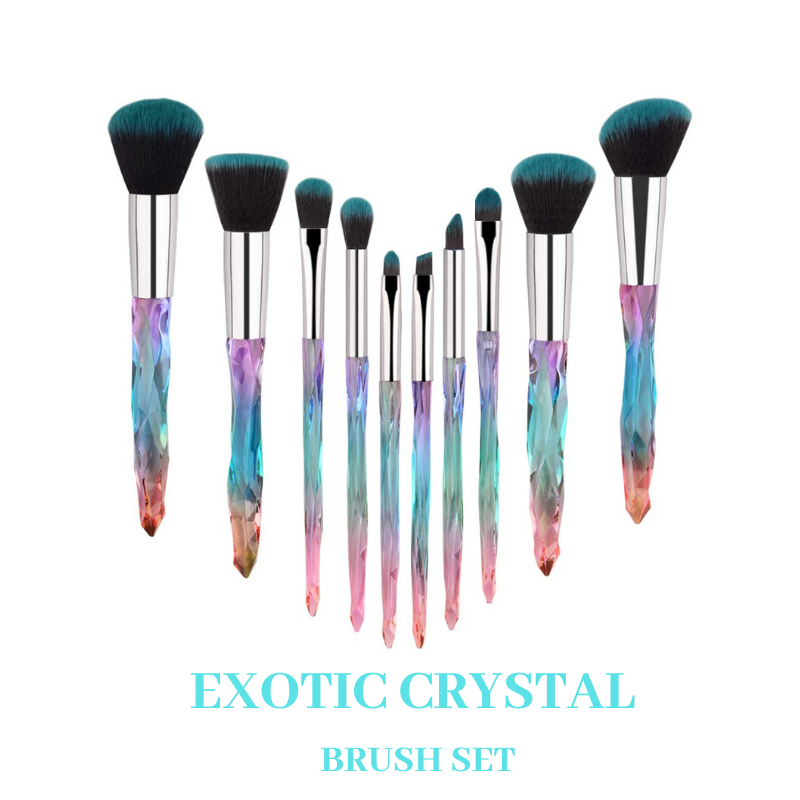 Exotic Crystal 10 PC Brush Set + Crystal Collection Makeup Bag